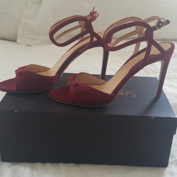 In box deep red suede sandal heels sz 38.5 - Picture 2 of 8